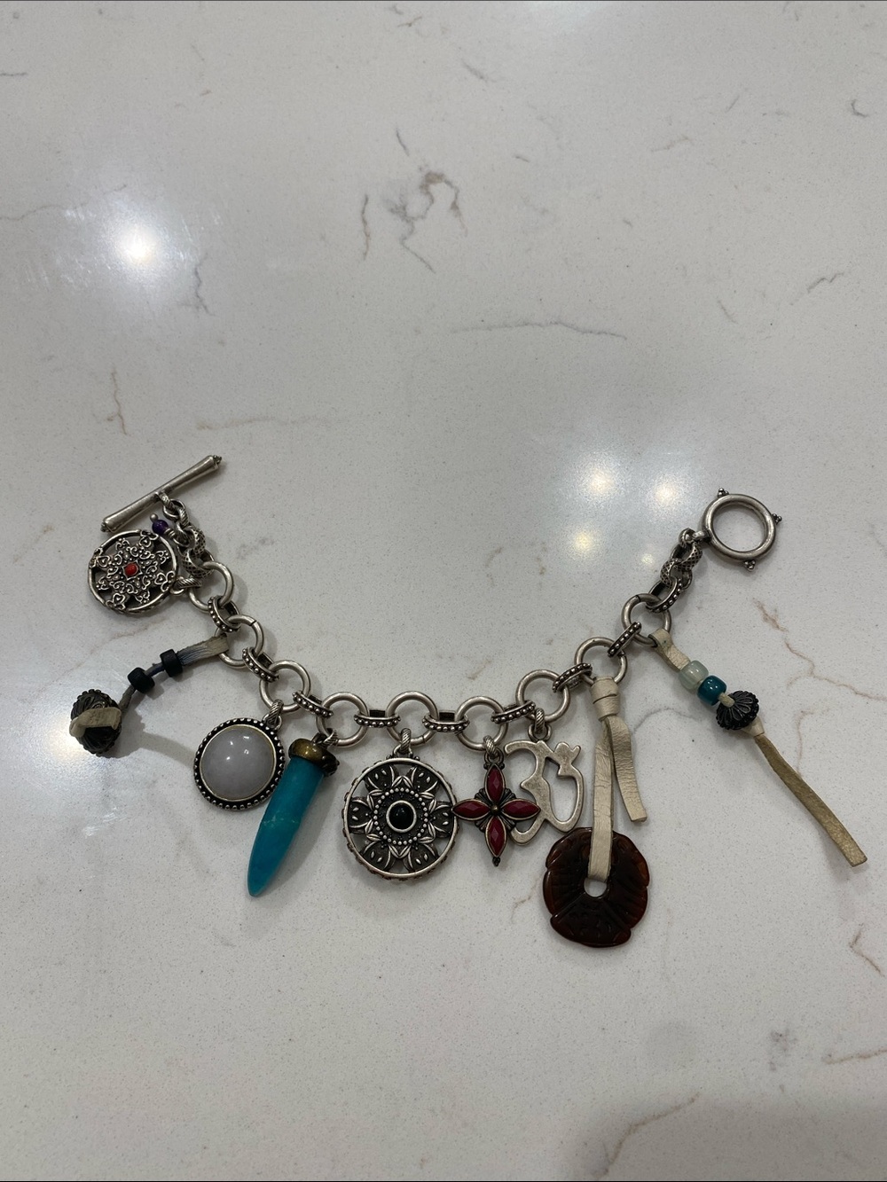 Lucky Brand Silver-Tone Multi Charm Bracelet with Turquoise and Red Accents
